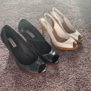 Pair of white slingback and black wedges